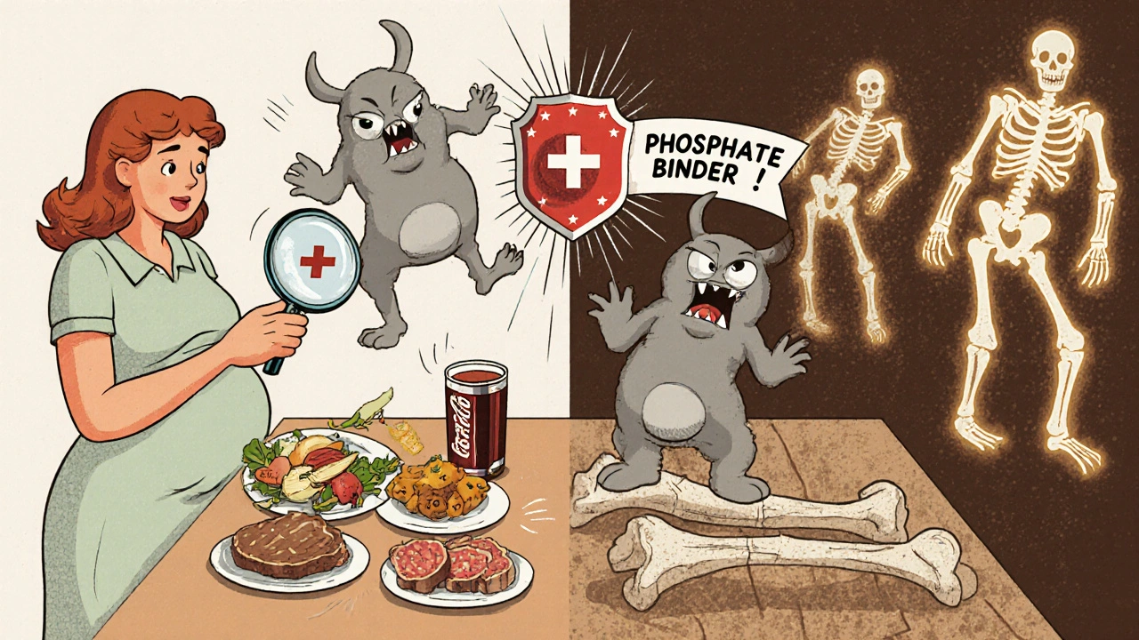 Cartoon phosphorus monsters blocked by calcium acetate shield while healthy baby bones glow nearby.