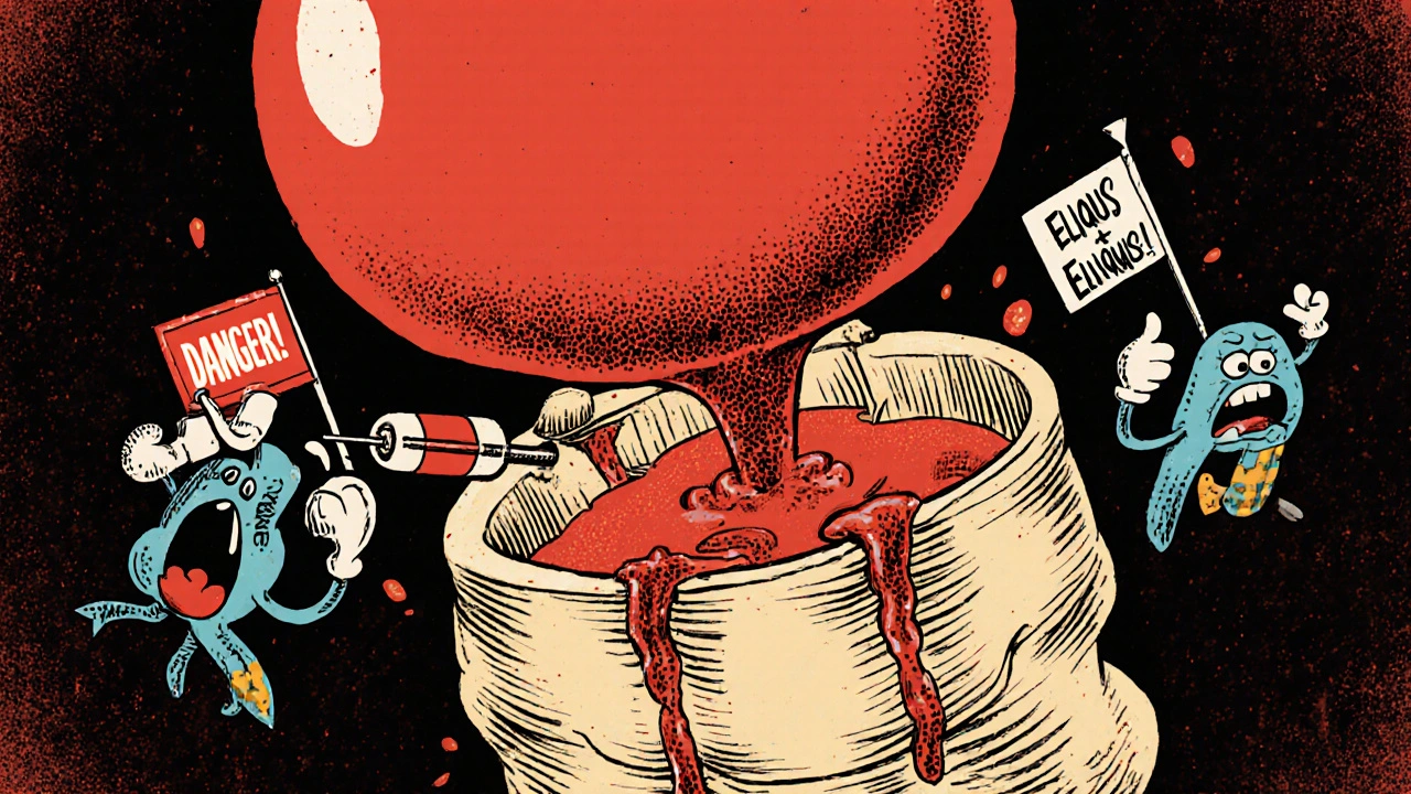 Cartoon spinal canal with blood pooling around cord and blood thinner pills nearby