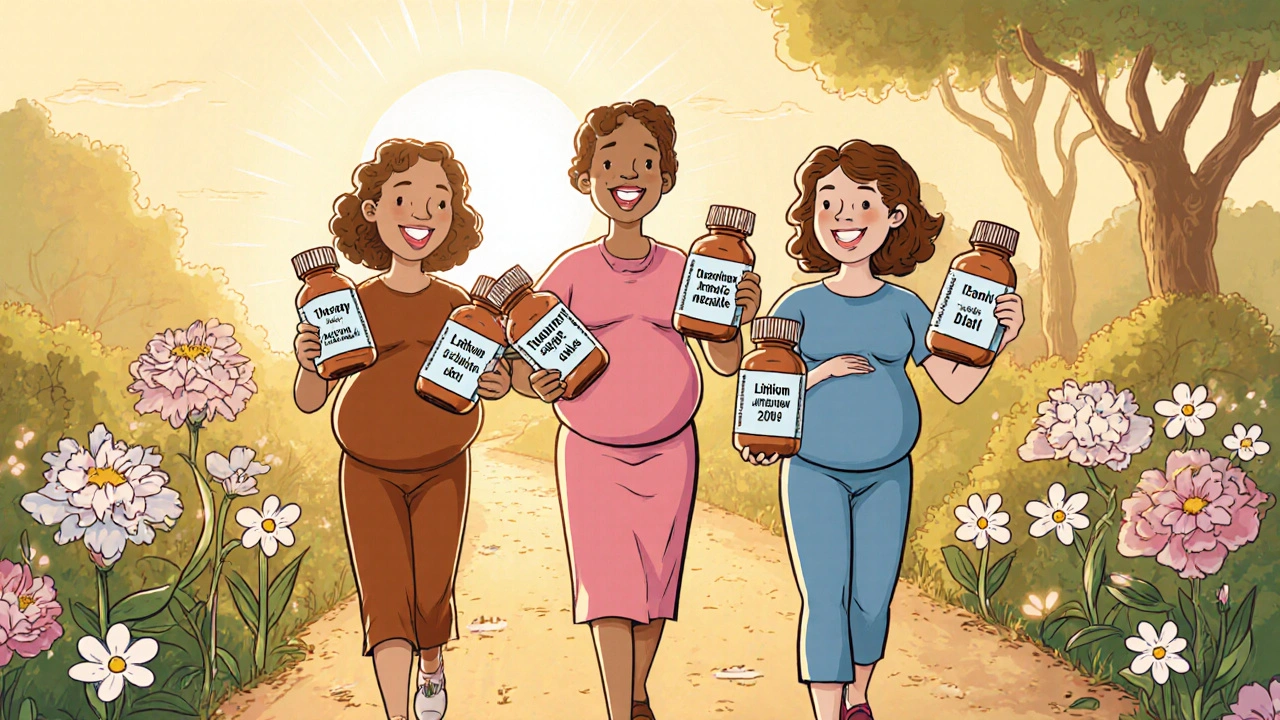 Diverse pregnant women walking together with medication bottles on a sunny path