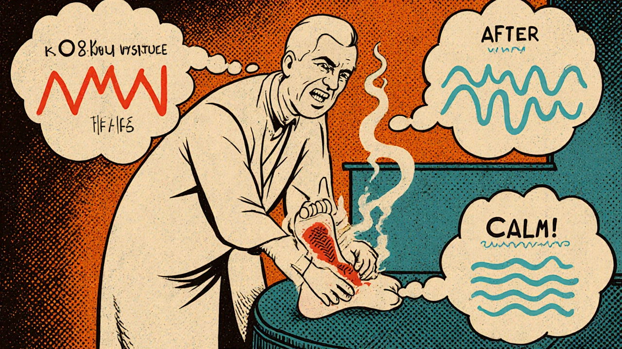 Doctor applying a high-dose capsaicin patch to a patient&#039;s foot, with before-and-after pain sensations shown in thought bubbles.