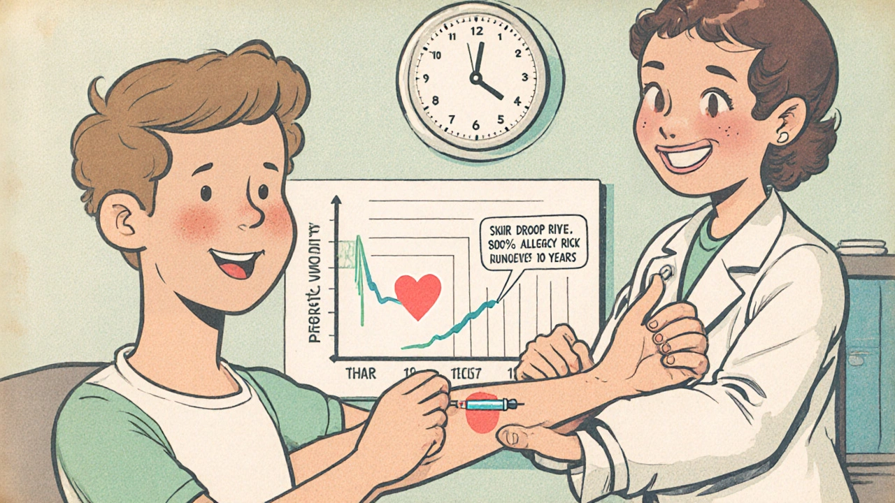 Doctor performing penicillin skin test with cartoonish red bump and backward clock
