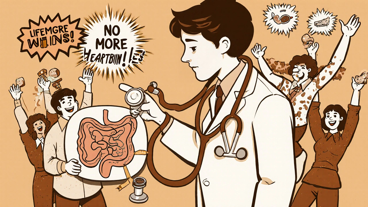 Doctor points to magnetic device on stomach diagram while patients celebrate, symbolizing successful GERD management.