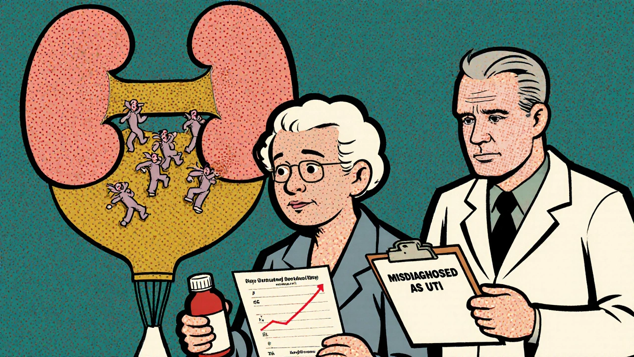 Elderly patient and doctor confused by misdiagnosed kidney issue, with a shrinking kidney in background, 1950s medical comic style.