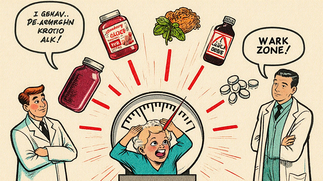 Elderly patient with floating medications and a spiked INR meter, shown in 1950s cartoon style.