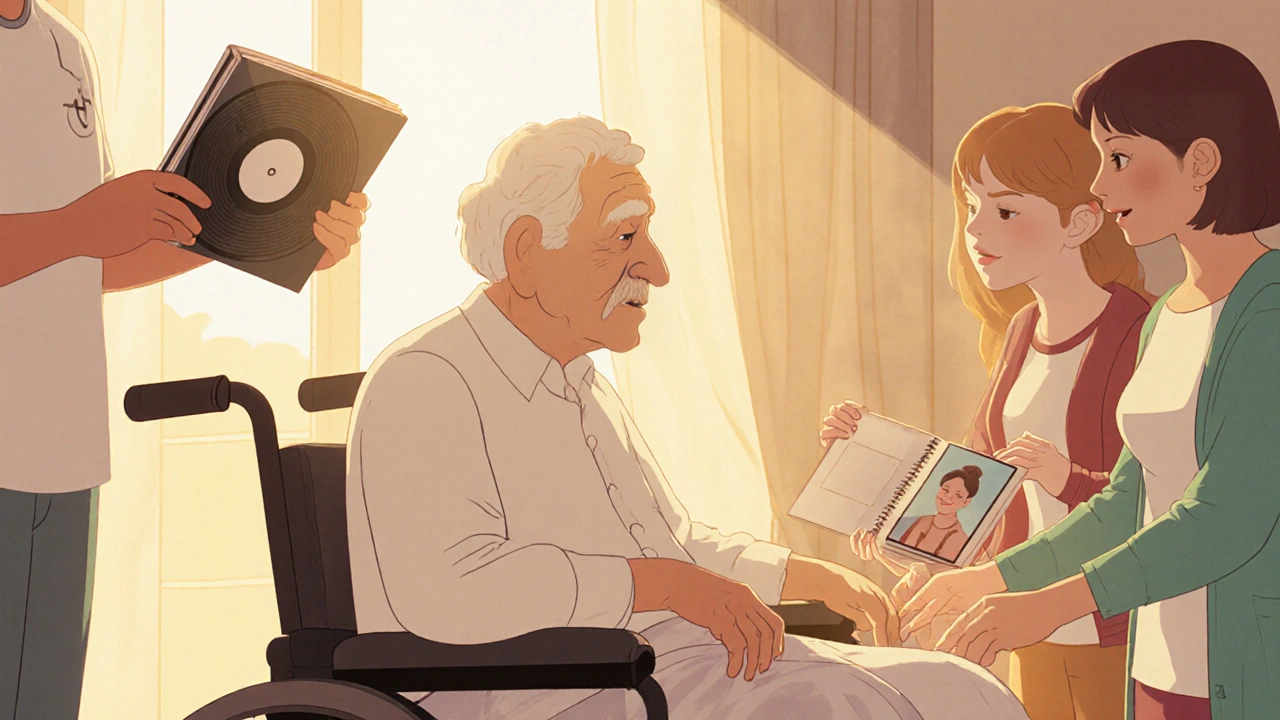 Elderly person in wheelchair surrounded by family, enjoying music and photos, showing emotional connection.