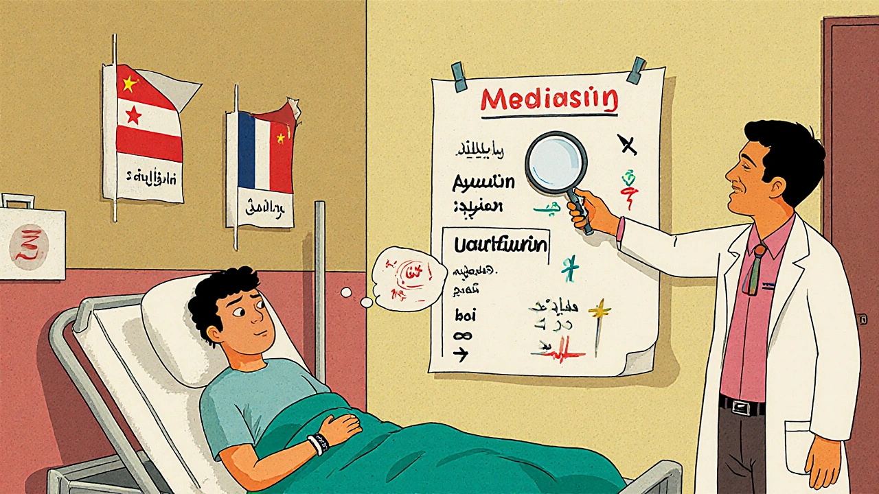 ER doctor examining a multilingual medication chart with a patient on a gurney in the background.