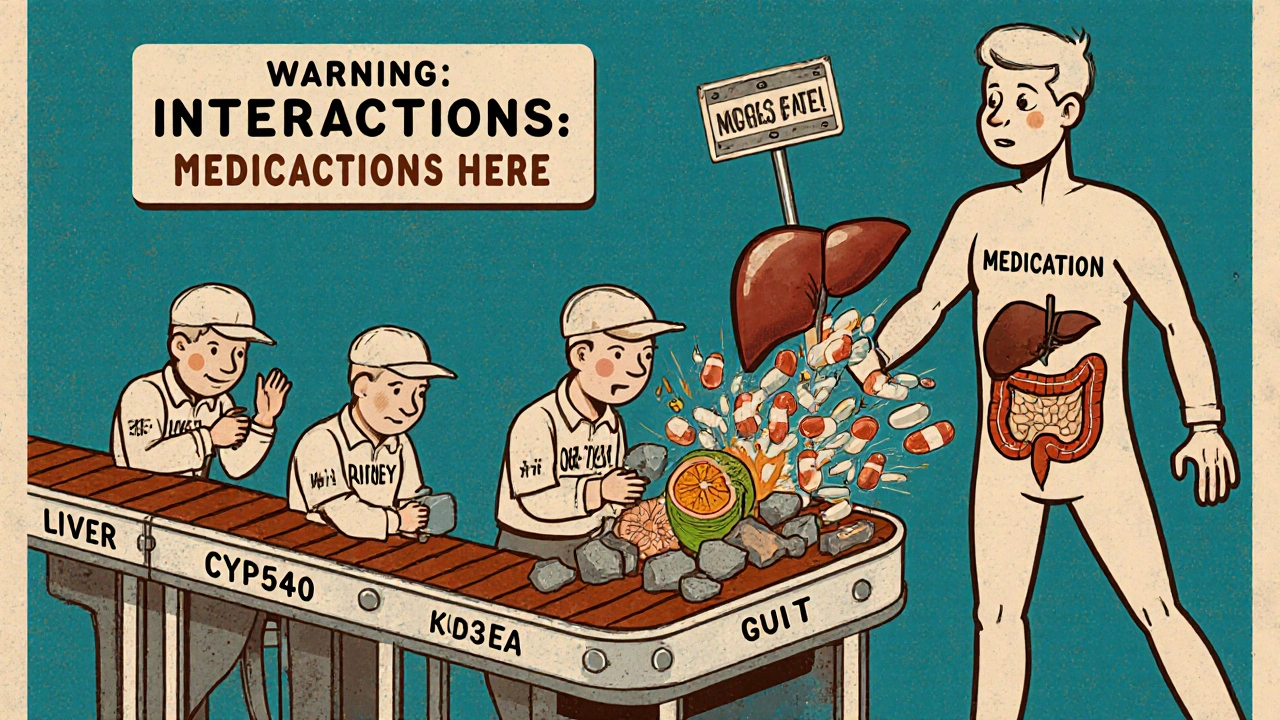 Human body as a factory assembly line with pills causing explosions due to drug interactions.