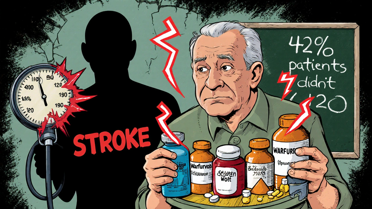 Man holding multiple pills with warning lightning between them, shadow of stroke looming