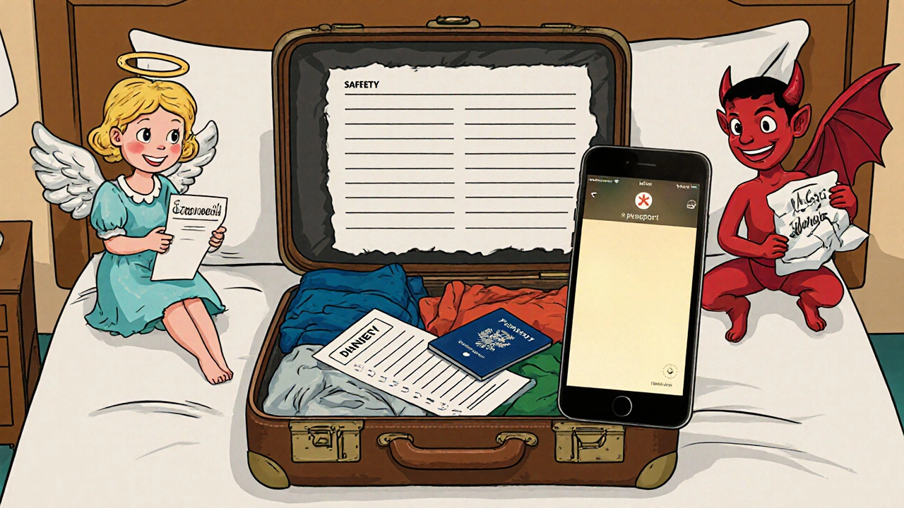 Open suitcase with medication list and smartphone showing emergency medical info on a hotel bed.