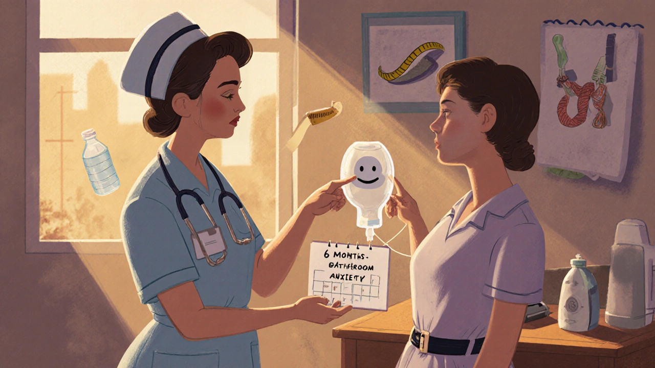 Patient learning ostomy care from a friendly nurse, with helpful tools and a calendar showing progress.