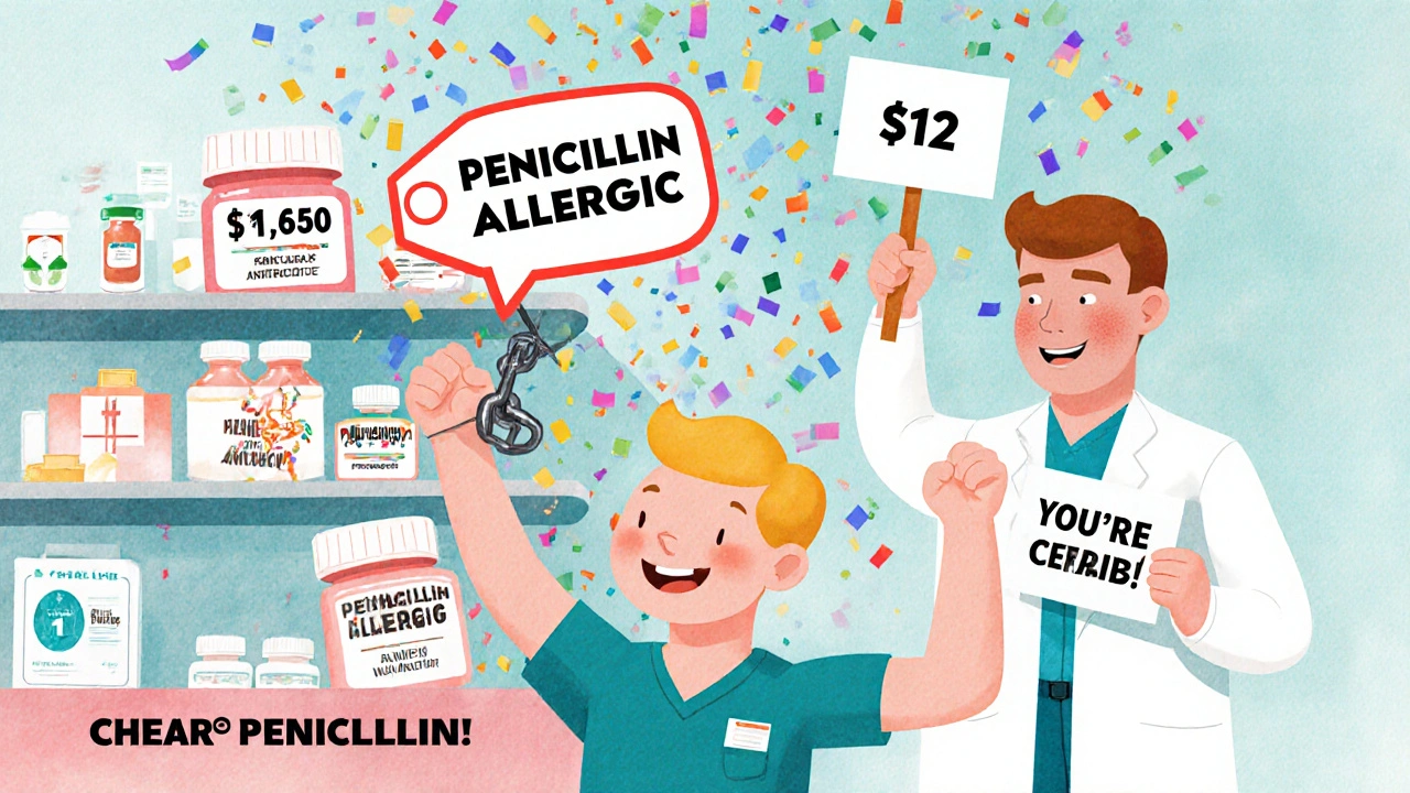 Patient throwing away &#039;penicillin allergic&#039; label as expensive drugs turn into cheap pills in a cheerful clinic scene.