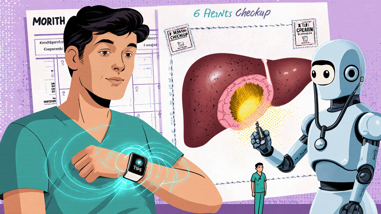 Patient wearing smart band, AI robot analyzing liver data, TIPS shunt glowing through scarred liver, medical checkup calendar.