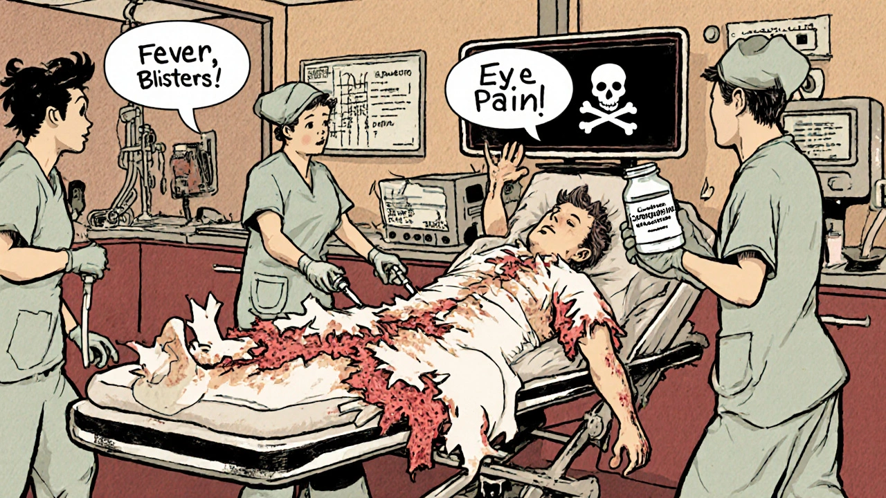 Patient with peeling skin in ER, doctors rushing, dangerous medication bottle visible