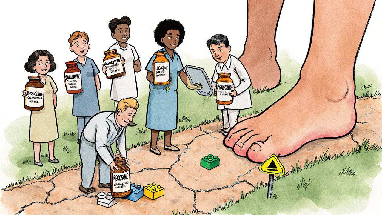 Patients holding different neuropathy medications while walking on a giant foot path, avoiding hazards like Lego bricks.
