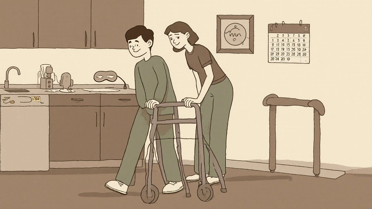 Person using walker in kitchen with adaptive tools and medication calendar, supported by loved one.