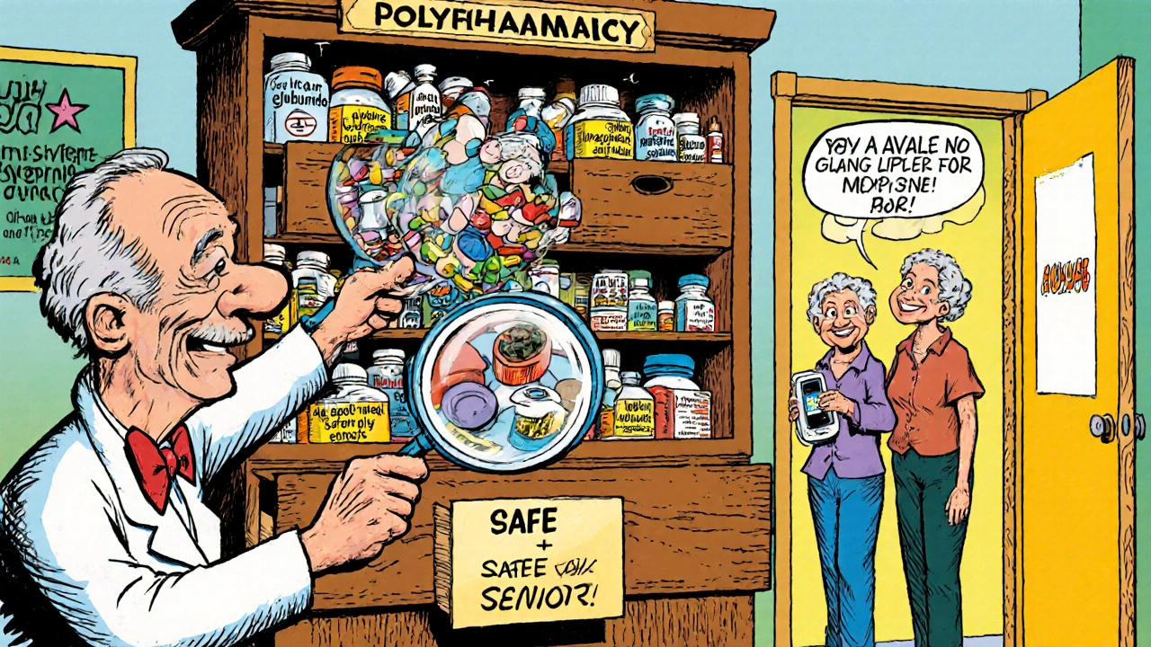 Pharmacist sorting medications, replacing dangerous diabetes pills with safer alternatives for seniors.