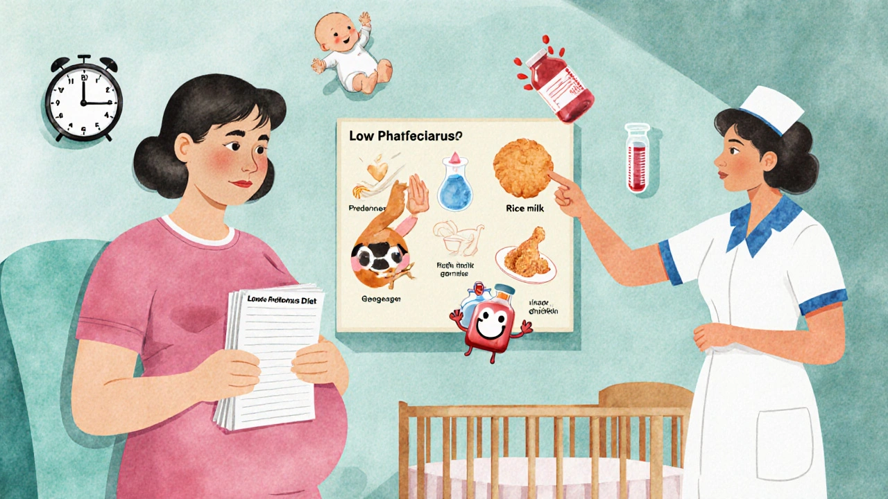 Pregnant patient with food diary and medical icons, calcium acetate tablet high-fiving prenatal vitamin.