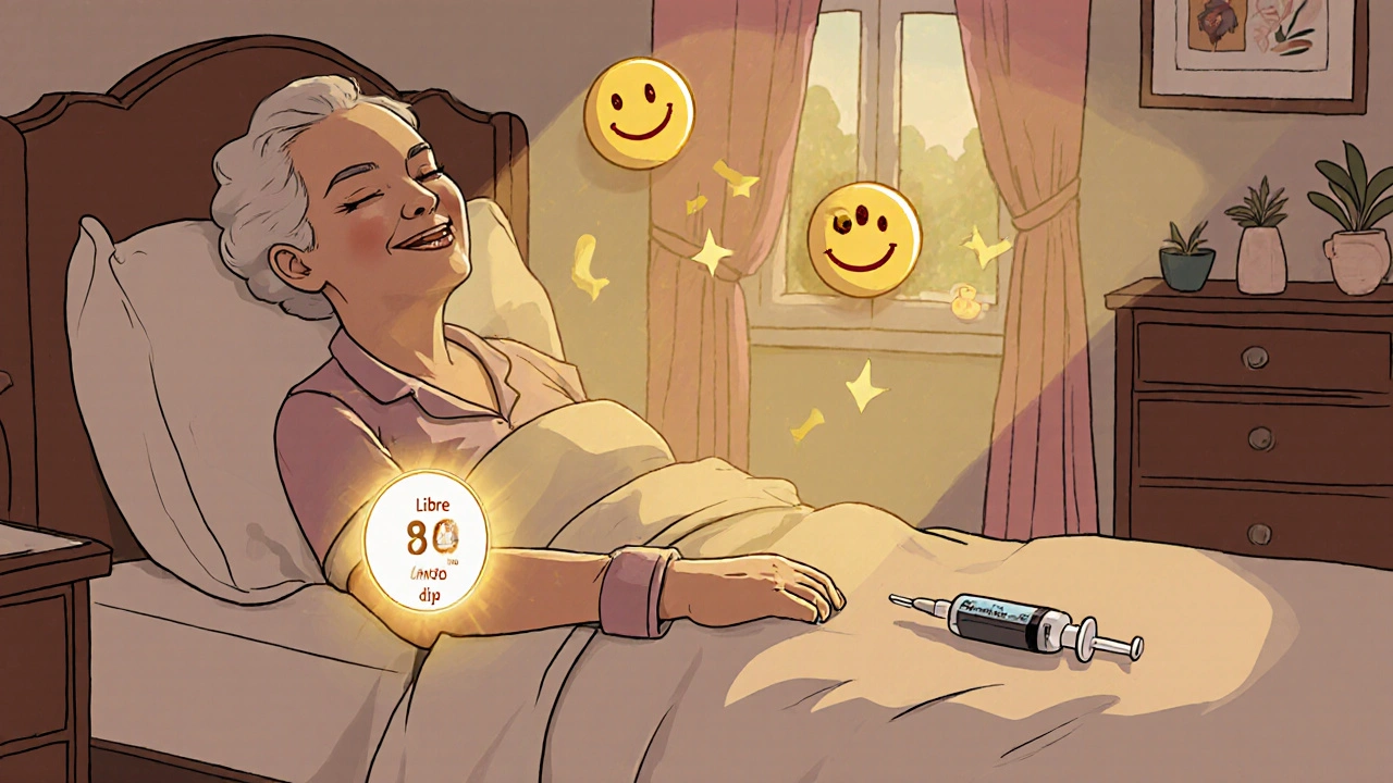 Senior woman sleeping peacefully with a glowing glucose monitor, safe blood sugar levels above her.