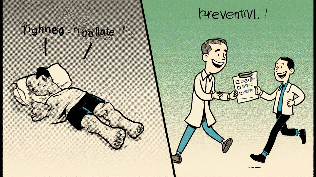Split scene: sick man on left, healthy man on right, with medical checklist, vintage cartoon style