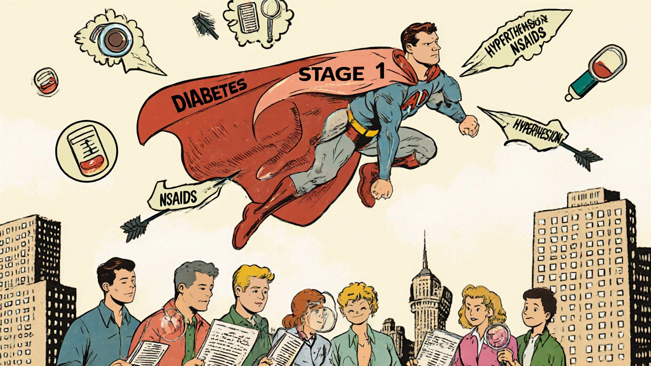 Superhero kidney with a cape flying over a city, dodging disease arrows, vintage comic illustration