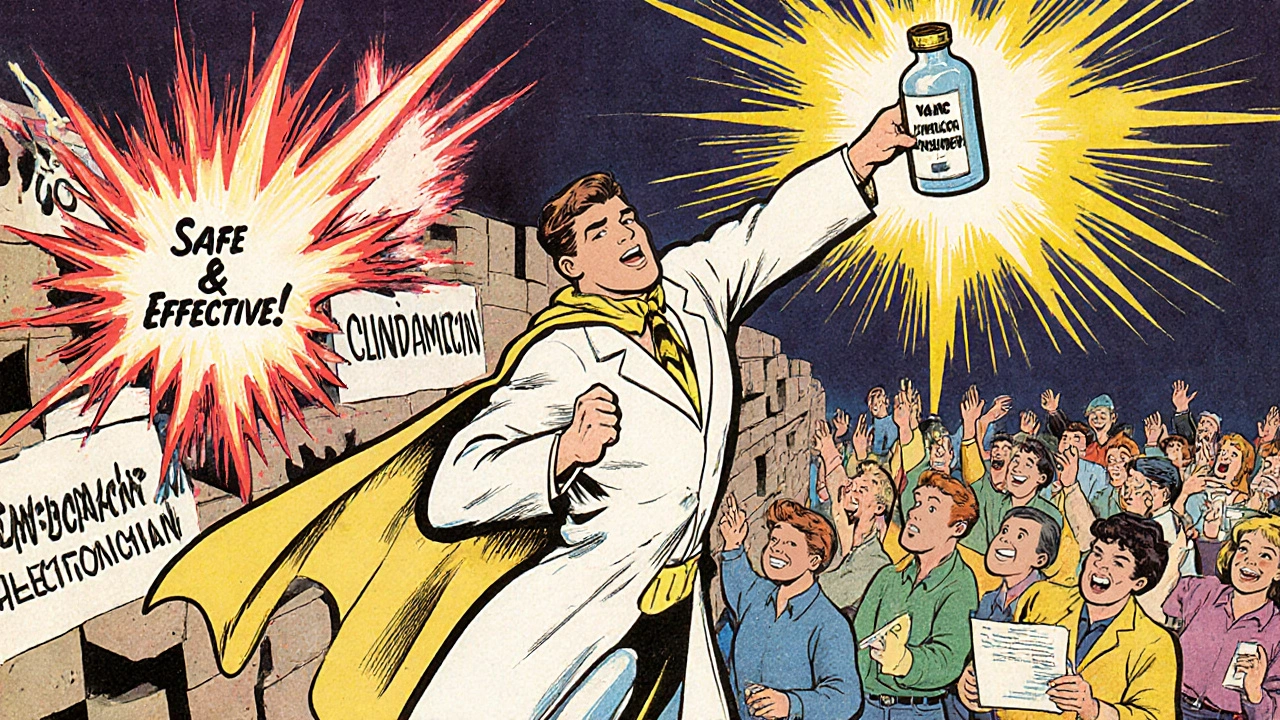 Superhero patient defeating risky antibiotics with penicillin in vintage comic style