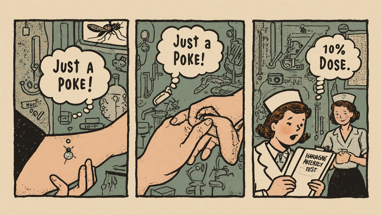 Three-panel cartoon showing skin prick, intradermal test, and oral challenge during antibiotic allergy testing.