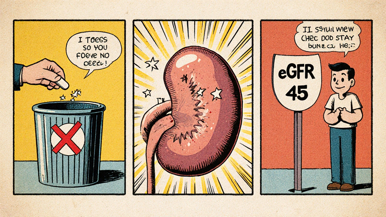 Three-panel cartoon showing stopping medication, kidney healing, and partial recovery with reduced function in vintage comic style.