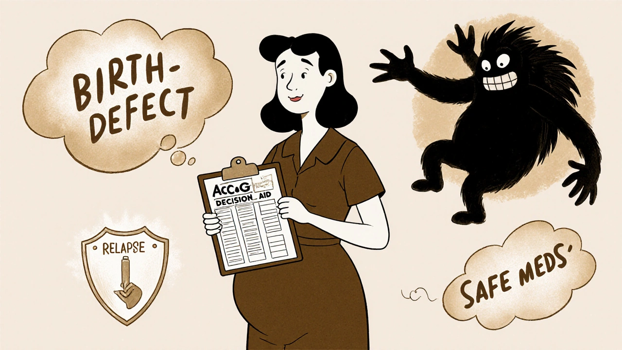 Woman standing strong against fear symbols, holding a mental health decision aid