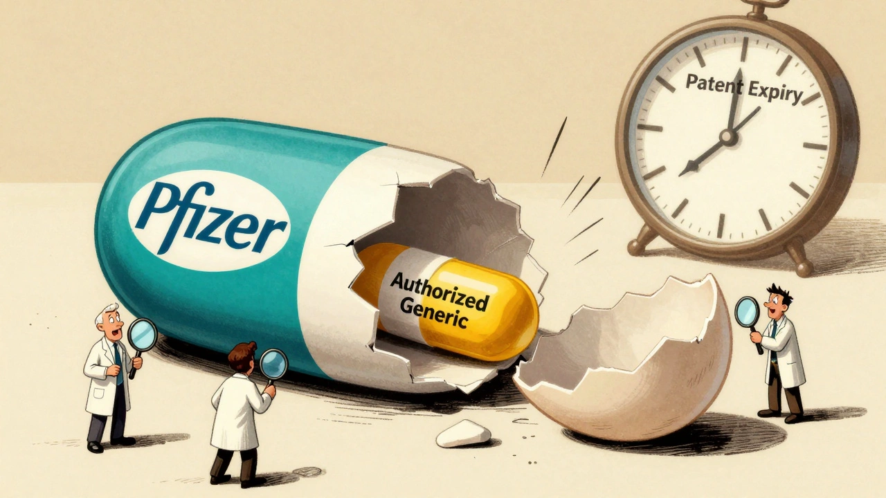 A branded pill cracks open to reveal an identical authorized generic version inside.