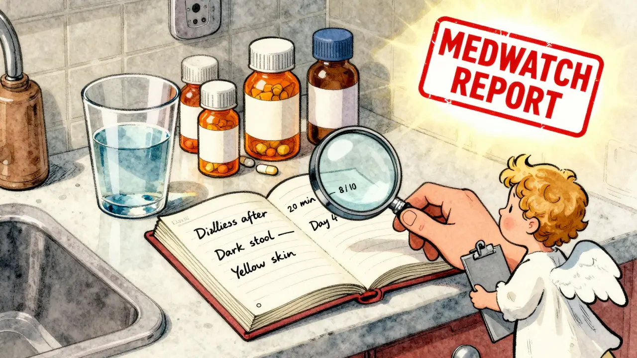 A diary on a counter tracks medication side effects, with pill bottles and a glowing report stamp nearby.