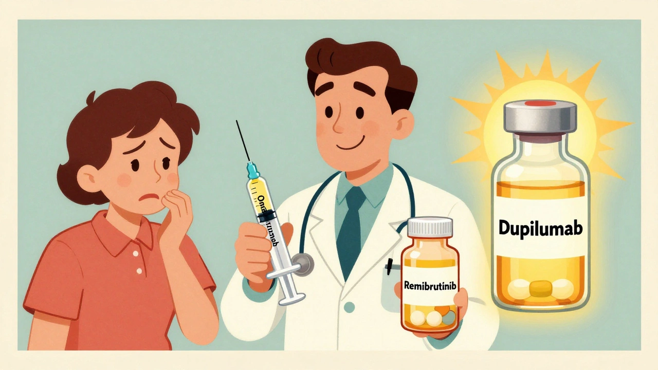 A doctor presents three treatment options: injection, pill, and vial, with contrasting patient reactions.