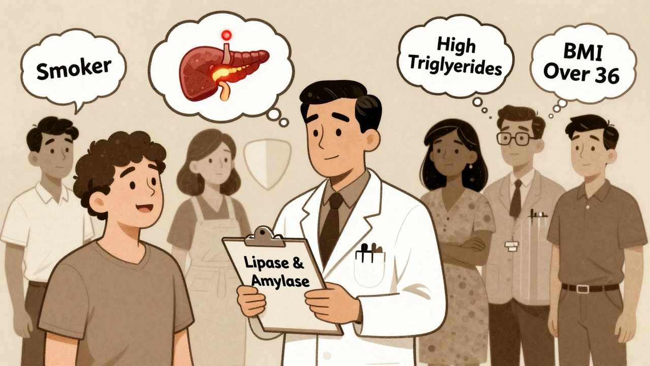 A doctor shows a patient a clipboard with pancreatic enzyme tests while risk factors appear as cartoon signs in the background.
