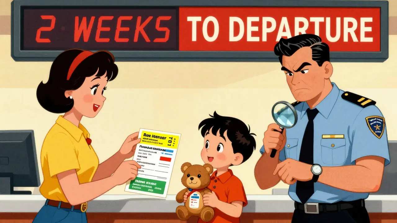 A family presents a yellow vaccination card at an airport, with a warning clock showing days left before departure.