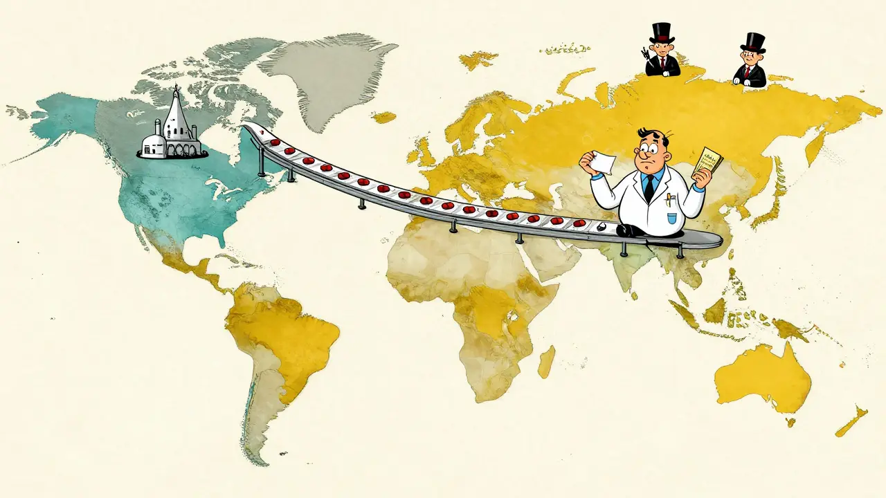 A global map showing regions with generic drug systems in vintage cartoon style, with symbolic caricatures.