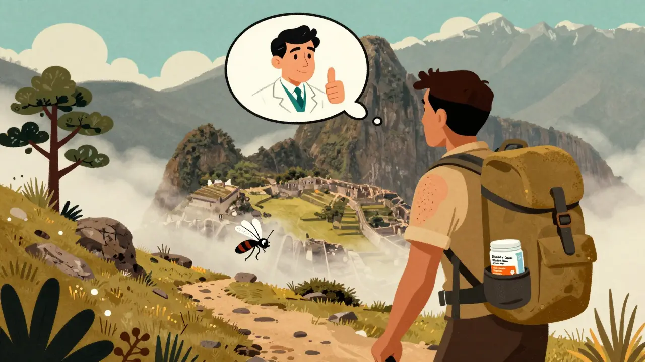 A hiker on a mountain path carries Diamox pills, with a doctor’s cartoon face giving approval above.