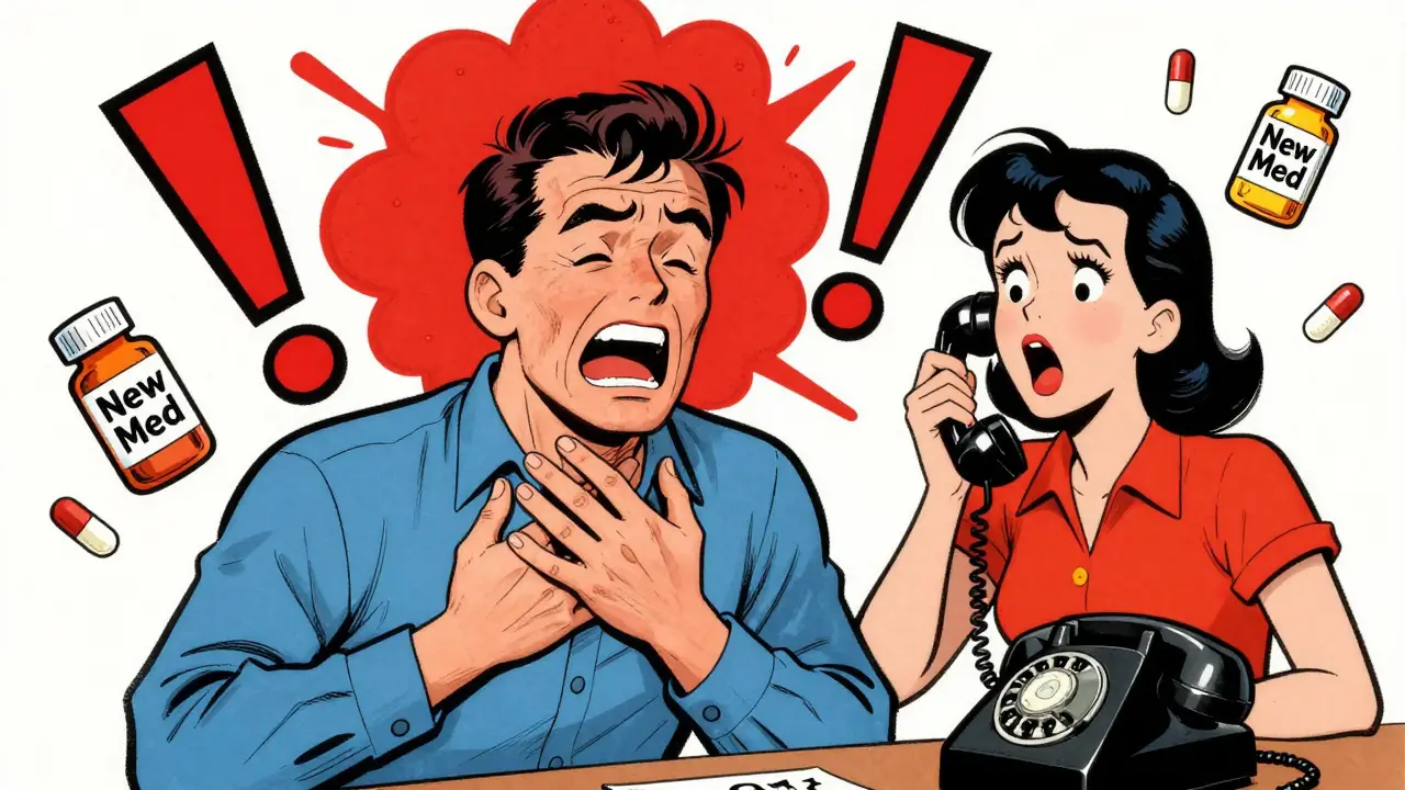 A man with swollen face clutching his throat as a woman calls 911, with pill bottles and a giant exclamation mark nearby.