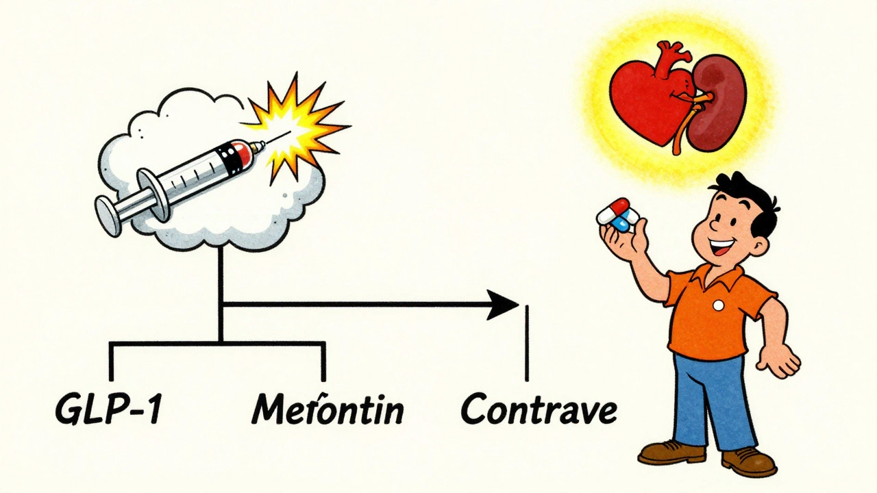 A medical decision tree shows GLP-1 drugs leading to risk, while alternatives like Jardiance and Metformin lead to safe outcomes.