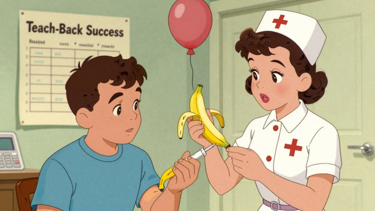 A nurse watches a patient practice insulin injection using a banana, demonstrating the teach-back method.