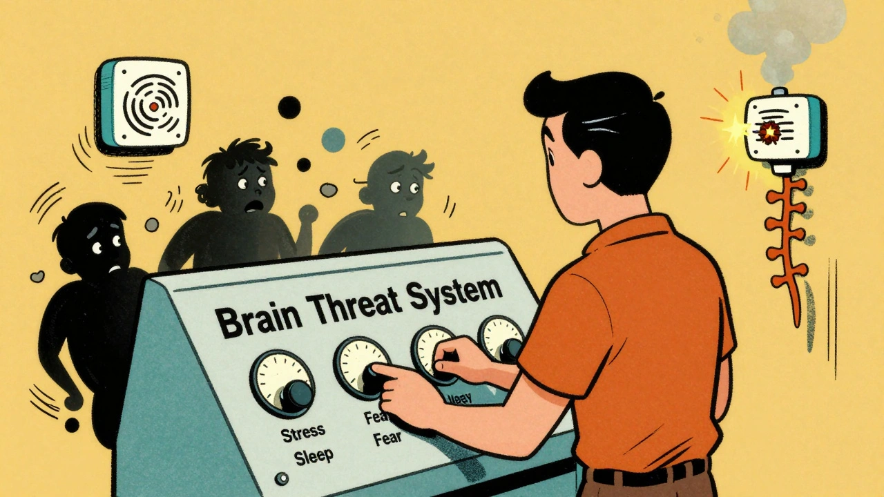 A person adjusts dials on a brain control panel labeled &#039;Threat System,&#039; turning up safety as fear fades away.