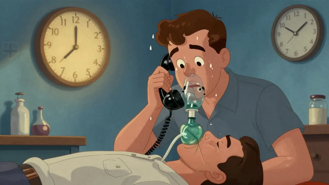 A person calls 911 while giving rescue breaths to an unconscious person, with medical symbols in background.