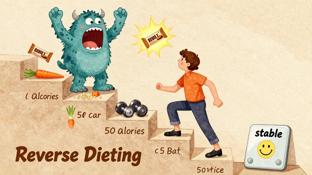 A person climbing a staircase of increasing calories with protein and weights, as their metabolism regains energy.