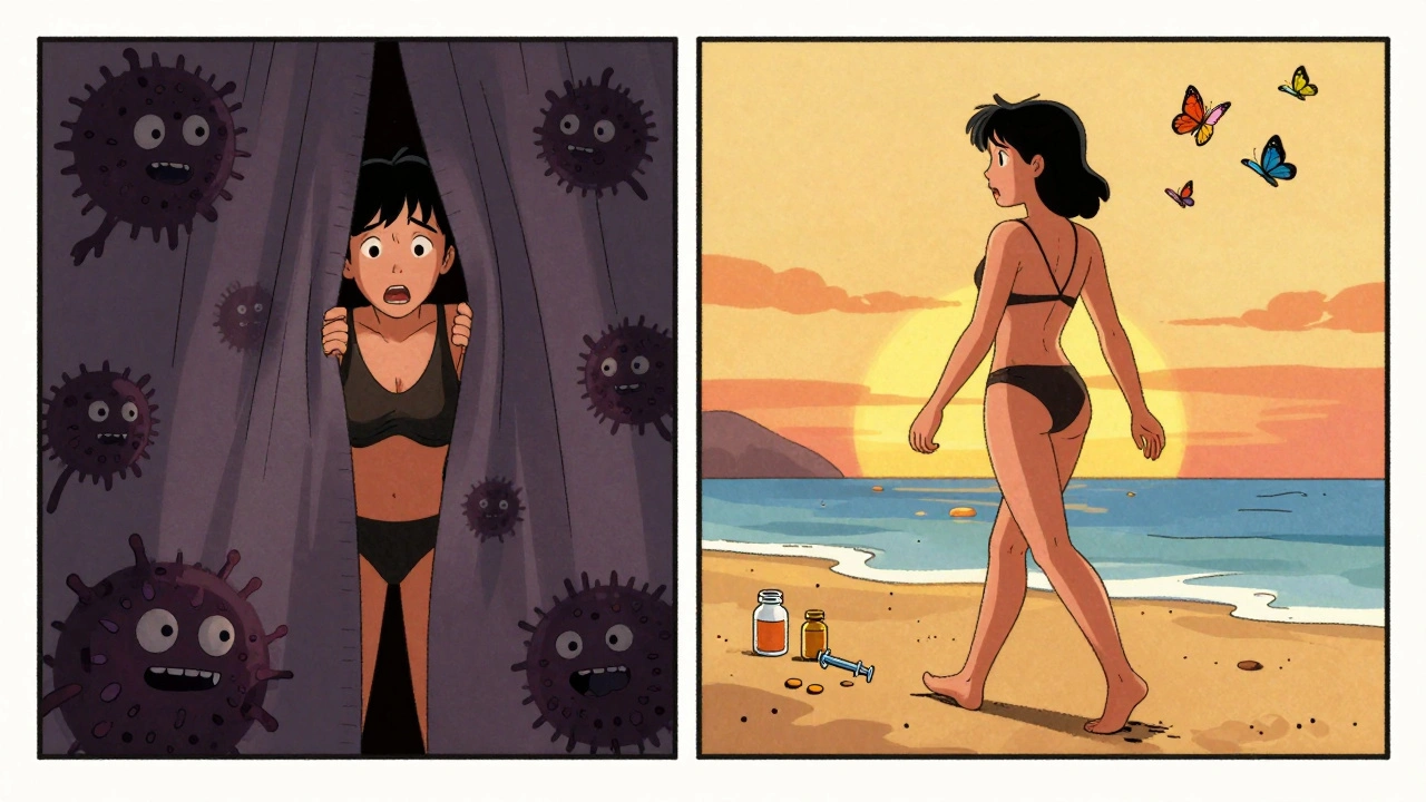 A person transitions from hiding in fear to walking confidently on a beach, hives gone.