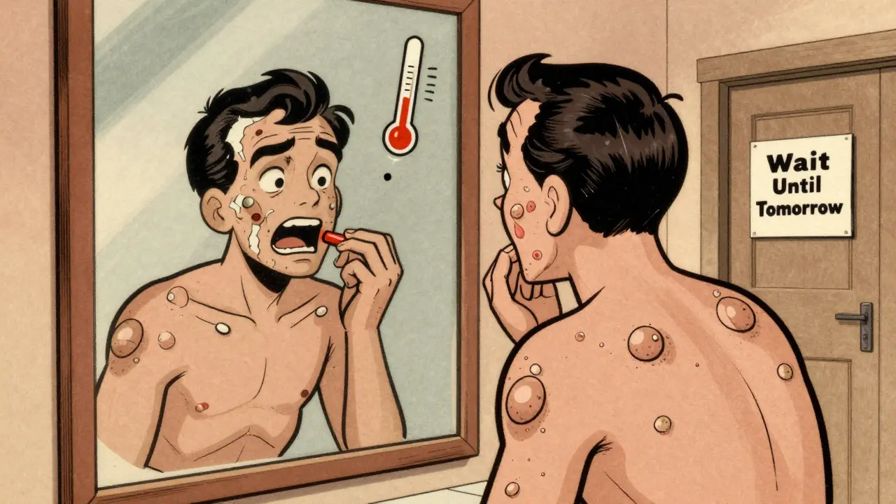 A person with blistered skin staring at their terrifying reflection, with flu symptoms above them and a closing doctor's office door.