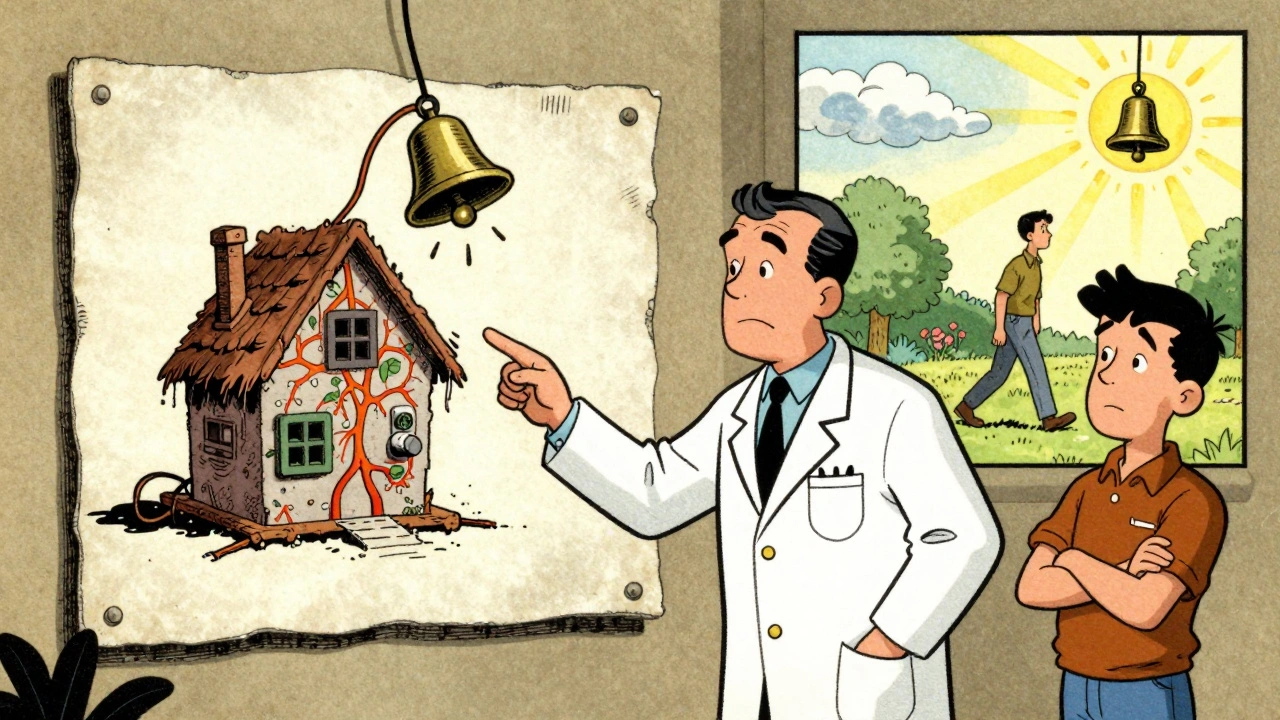 A therapist explains pain as an alarm system using a hand-drawn diagram, while a patient watches with growing understanding.