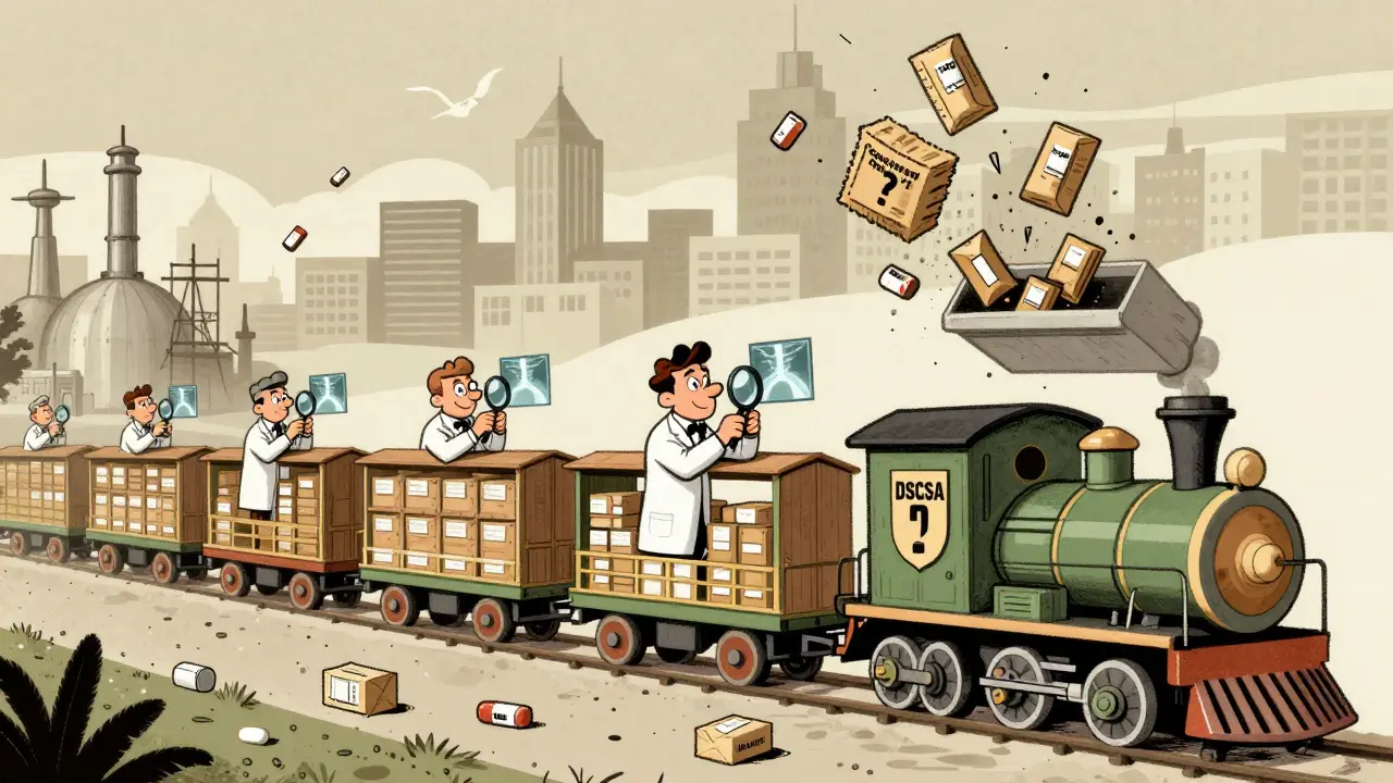 A whimsical train carries drug packages through the supply chain, with workers scanning items and counterfeit packages being ejected.