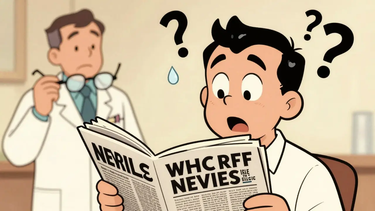 Adult with drifting eye and double newspaper headlines, doctor nearby with glasses.