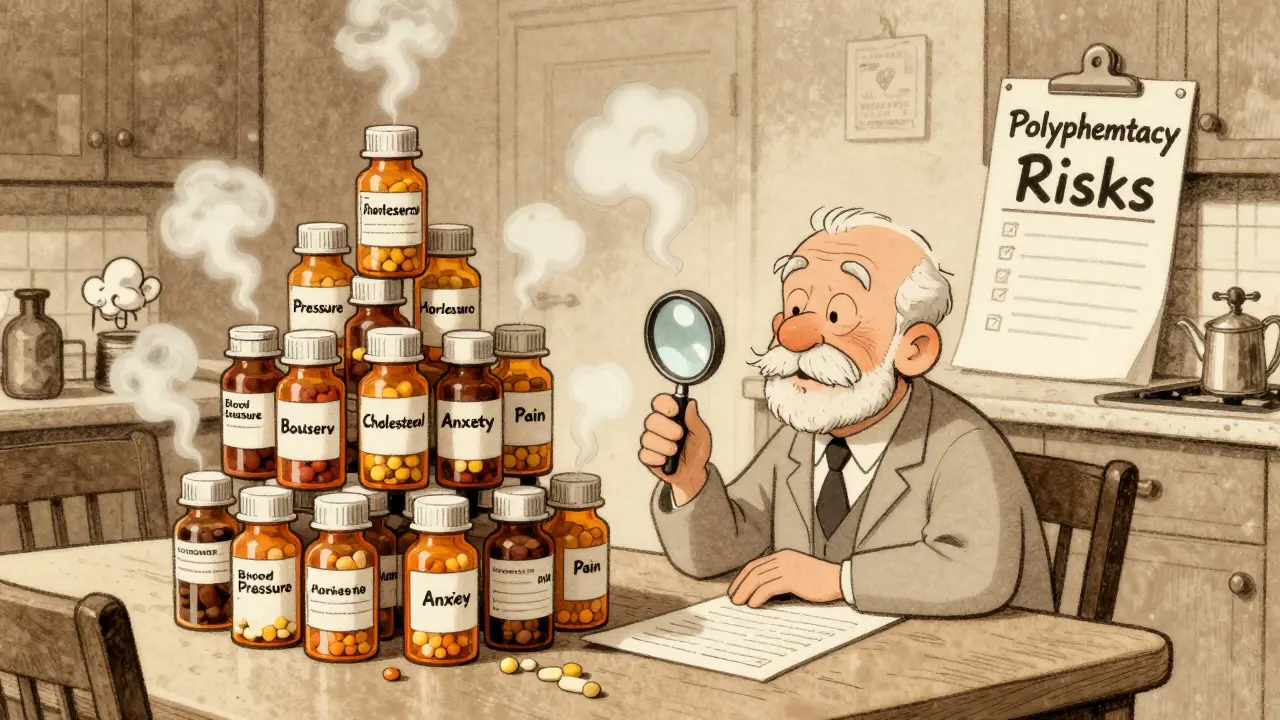 An elderly man surrounded by many pill bottles, with a doctor checking a list, illustrating risks of taking too many medications.