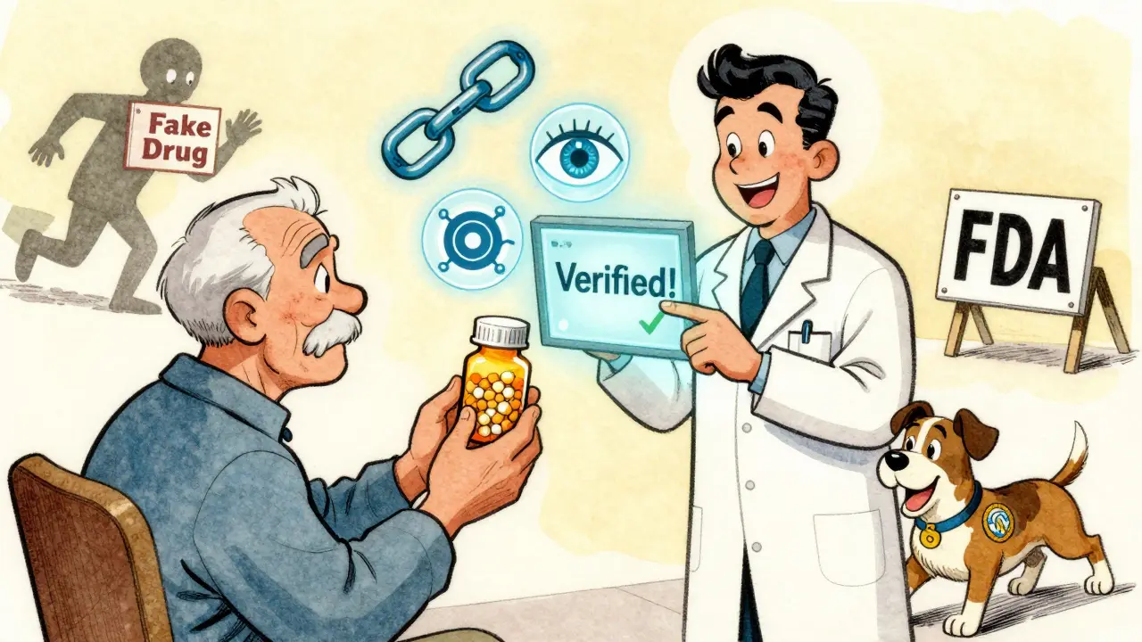 An elderly patient receives a verified pill from a pharmacist, while digital security icons hover above and a fake drug dealer flees.
