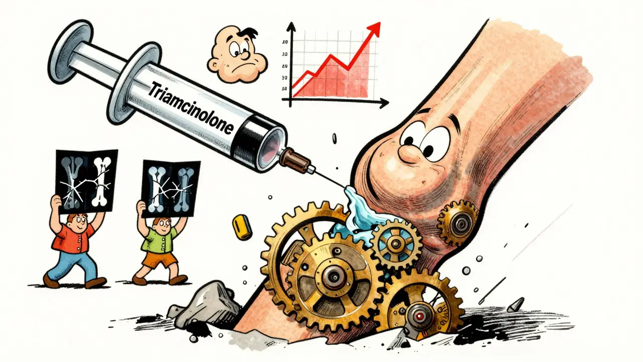 Cartoon joint as a crumbling clockwork being destroyed by a steroid syringe with side effect icons floating above.