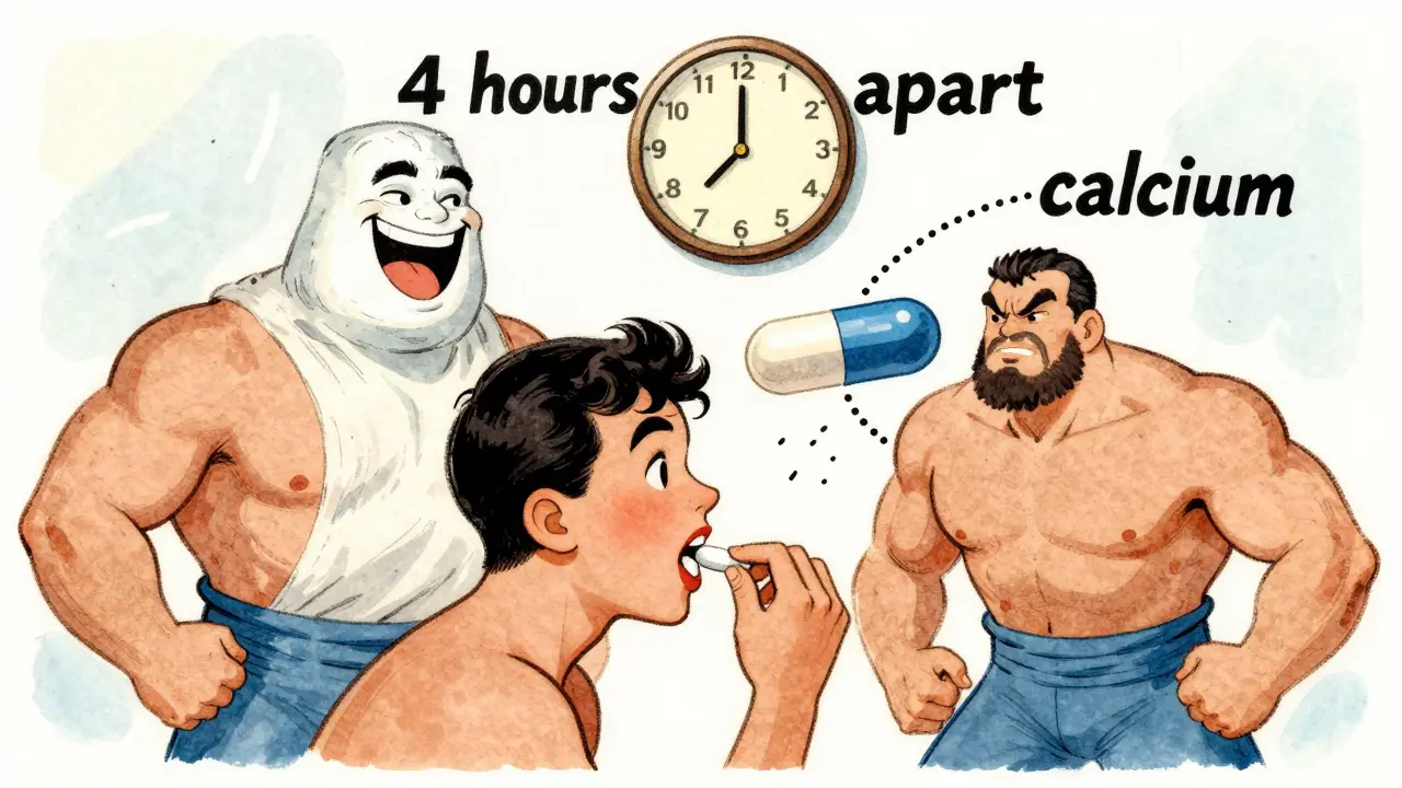 Cartoon thyroid pill being blocked by calcium and iron rivals, with a 4-hour clock in background.